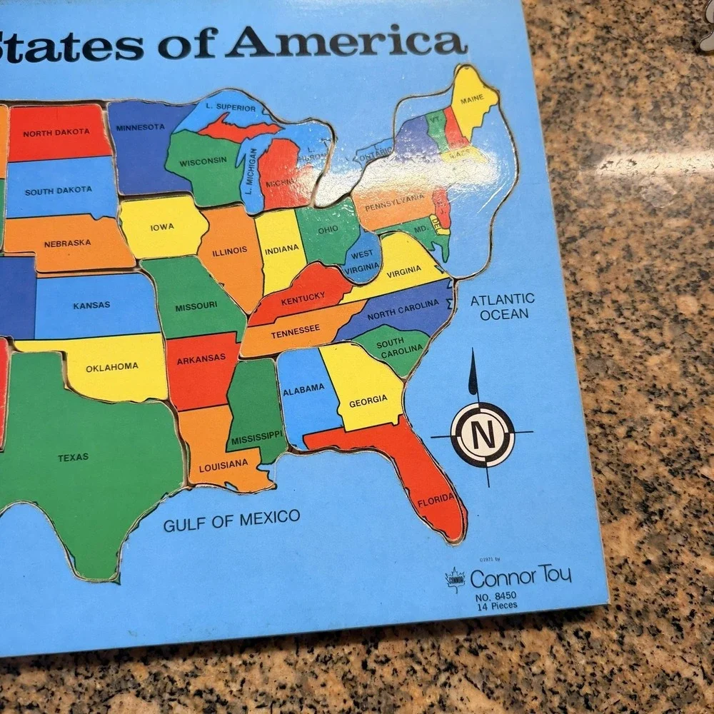 Vintage 1971 Connor Toy United States Map Wood Tray Puzzle 14 Piece Multicolor